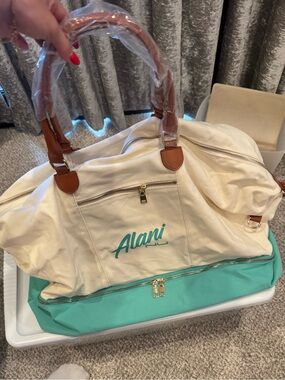 Alfani Cream & Teal Canvas Weekender Bag